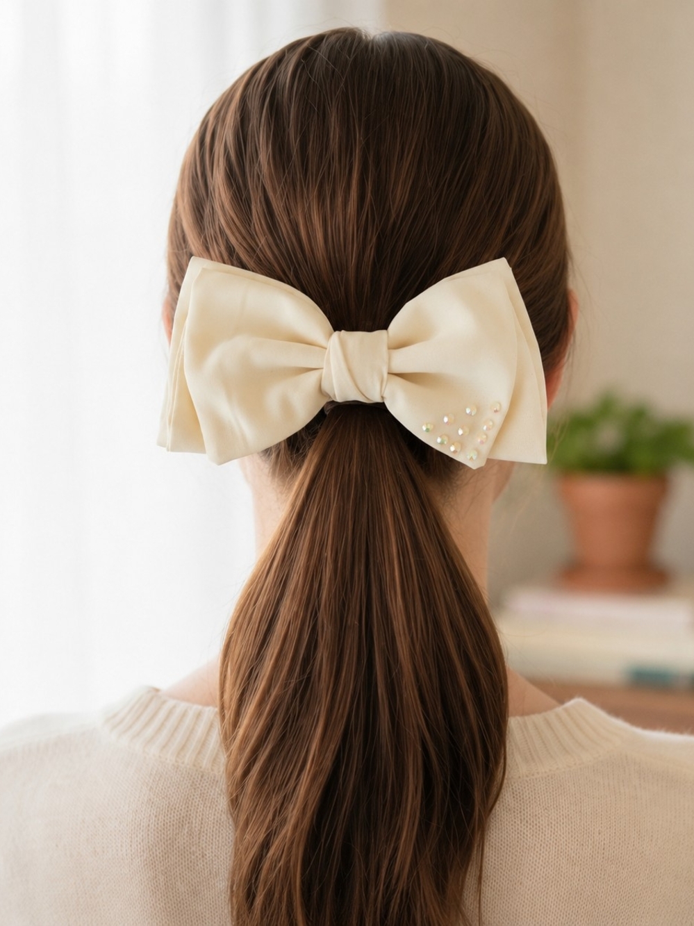 ⭐Handmade Pearl-Embellished Cream Satin Bow Hair Clip